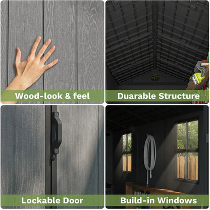 Pro Grade 6ft x 4ft Premium Plastic Garden Shed Double Door - Grey Wood Touch Texture
